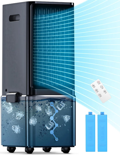 Portable Air Conditioners 4 Modes&3 Speeds,4 Ice Packs, Waterless Alert System, 12H Timer, Remote,1 Gal Detachable Water Tank, 70°Oscillation Windowless Evaporative Air Cooler for Room Office