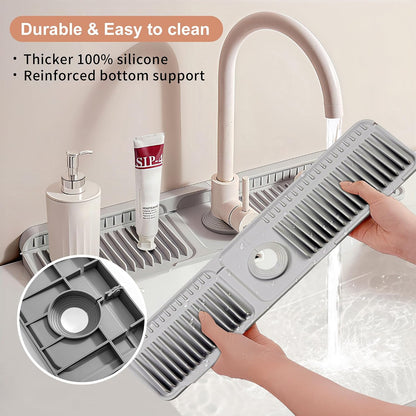 18 inch Silicone Faucet Mat for Kitchen Sink - 6° Slope & Fasten Button Design, Quick-Dry Splash Guard Water Catcher Behind Faucet, RV/Bathroom Safe (Gray)