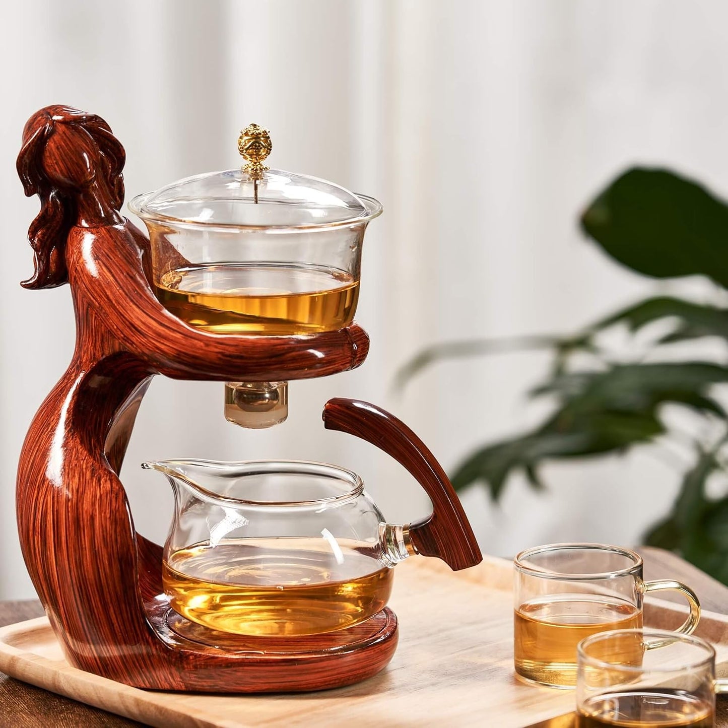 Glass Kungfu Teapot Set Tea maker with Infuser Semi Automatic Tea Set with 6 Small Cups (Red)