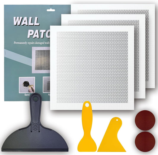 Drywall Repair Kit, 3 Pcs, 12x12in Self-Adhesive Patch with Sandpapers and Scrapers, Quick Fix for Large Holes, Cracks, Ceiling, Bathroom Wall Damage