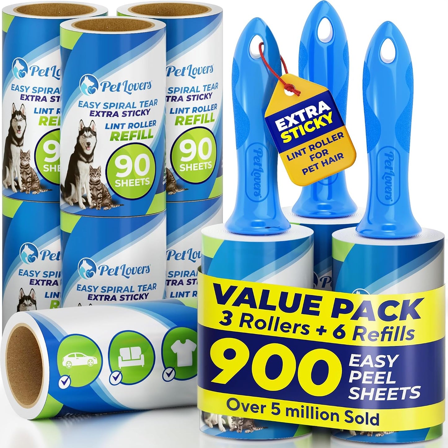 PetLovers Extra Sticky Lint Roller Mega Value Set 450 Sheets for Pet Hair Removal and Clothes, Dog and Cat Lint Remover 5 Pack