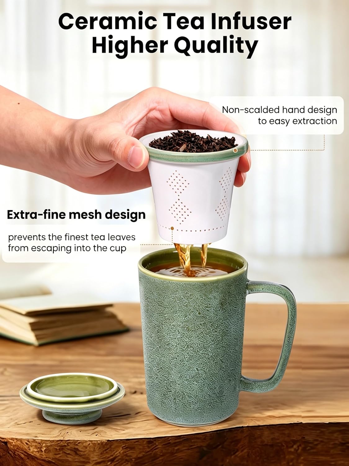 Ceramic Tea Mug with Infuser and Lid,16oz Porcelain Loose Leaf Tea Cup with Large Handle,Metal-Free Filter,Microwave &Dishwasher Safe,Perfect for Tea,Coffee (Sage Green)