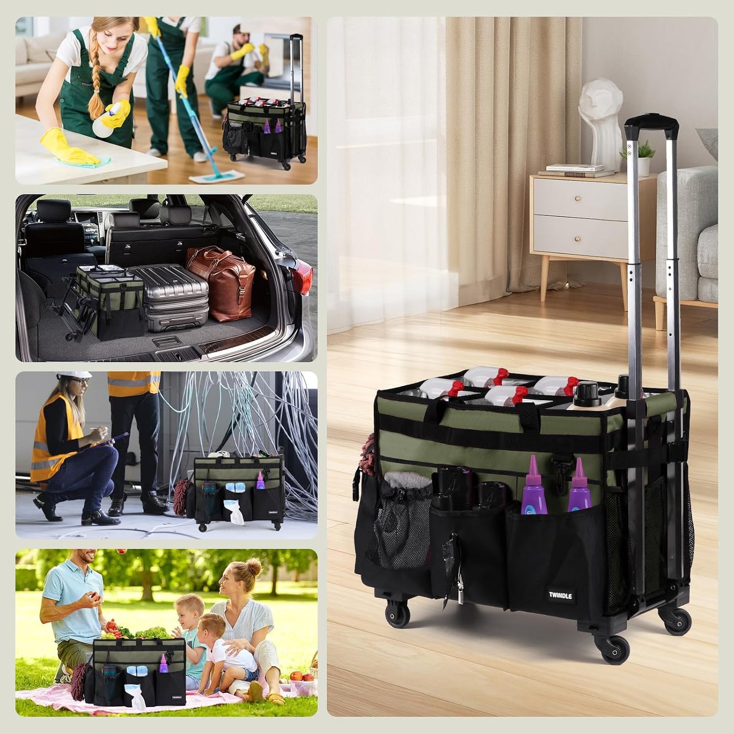 Extra Large Cleaning Caddy Bag with Built-In Support Board, Cleaning Tote Organizer with Removable Divider, Supply Carryall with Adjustable Shoulder Strap and Waist Belt for Cleaners & Housekeeper