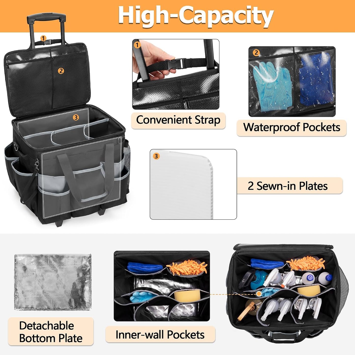HODRANT Large Rolling Cleaning Caddy with Detachable Trolley & Lid | Cleaning Cart on Wheels with Shoulder Strap & Handles, Cleaning Supplies Organizer with Multi Pockets for Clean Tools Storage