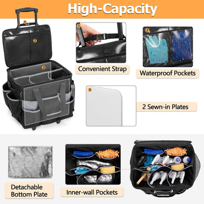HODRANT Large Rolling Cleaning Caddy with Detachable Trolley & Lid | Cleaning Cart on Wheels with Shoulder Strap & Handles, Cleaning Supplies Organizer with Multi Pockets for Clean Tools Storage