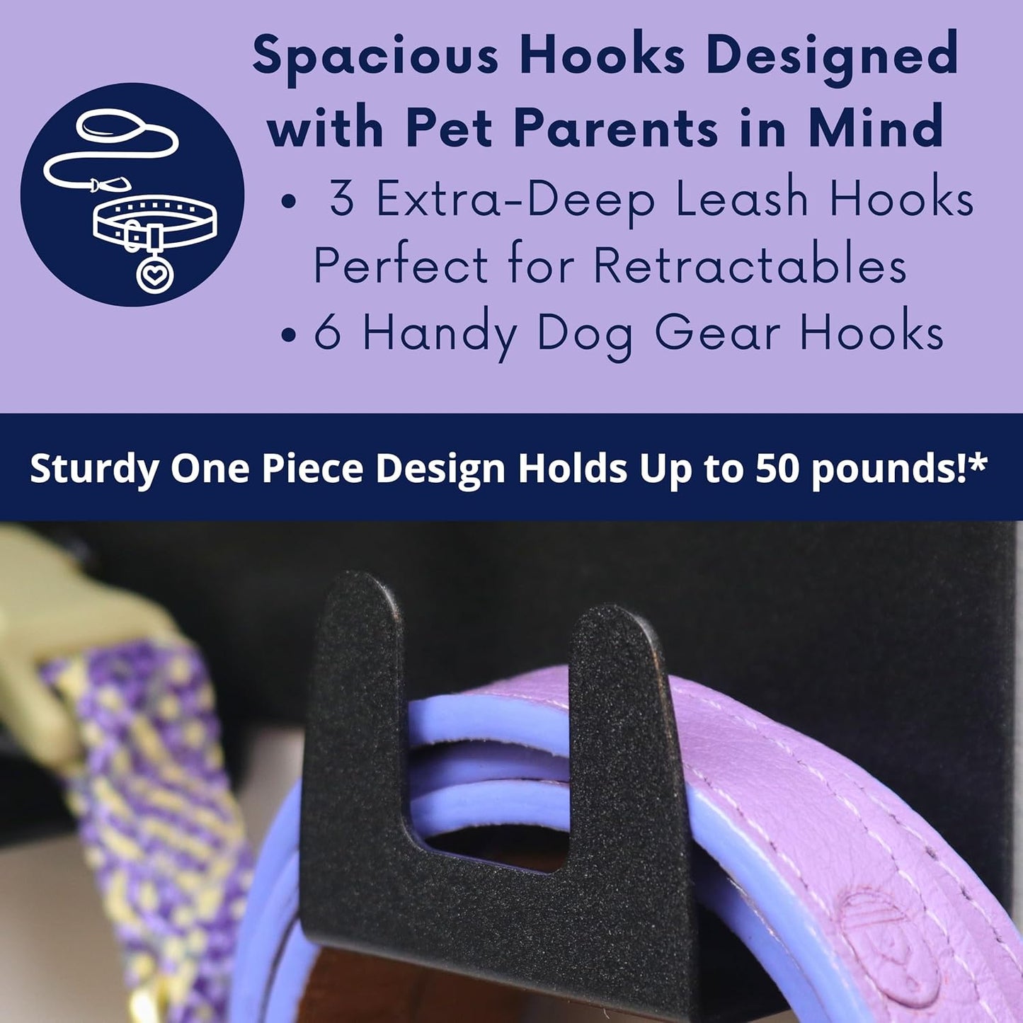 Dog Leash Holder for Wall with Shelf — Wall Mounted Dog Treat Holder & Station, 2 Airtight 32oz Treat Containers, 9 Hooks, Patented Lidless Slide-to-Seal Jars, Solid Steel, Made in USA