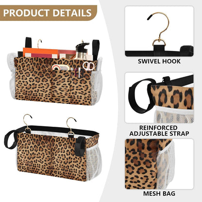 YETTASBIN Leopard Print Bedside Caddy Hanging Storage Organizer Bag with 2 Straps & Hooks for Bunk Beds, College Dorm, Hospital Bed - Holder for Books, Phone, Magazine, Glasses, Keys
