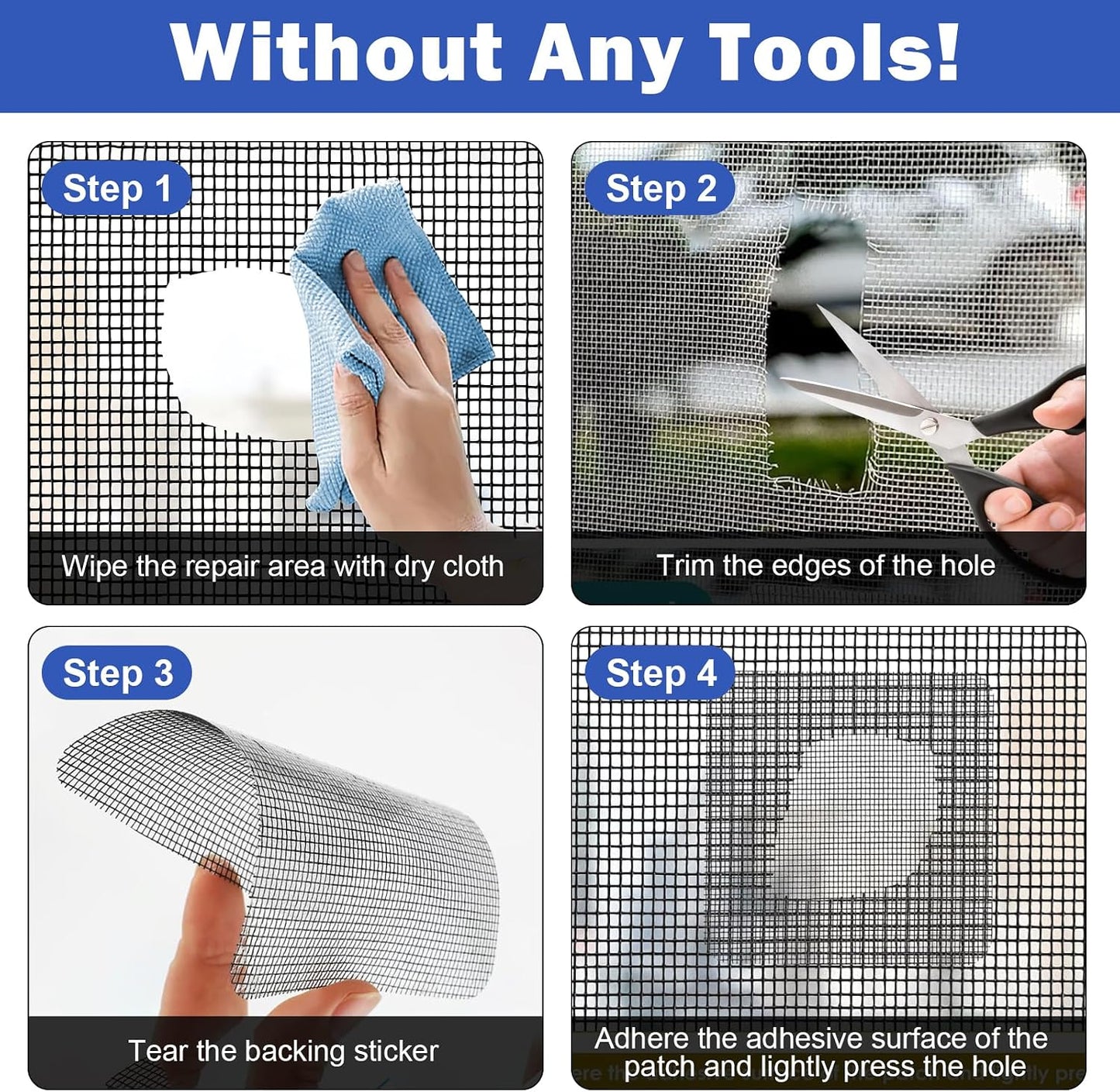 16PCS Window Screen Patch Kit 5"×7" & 4.5"×4.5" – Fiberglass Self-Adhesive Waterproof Mesh Tape for Tears & Holes, Strong Quick Fix for Door Mesh