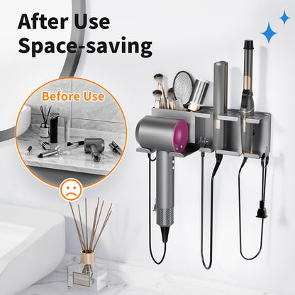 Hair Dryer Holder, Hair Tool Organizer Wall Mount, Adhesive or Drill, White | Blow Dryer Holder for Dryer Hook, Straightener Curling Irons Hairdryer Hair Appliance Hanger for Salon Bathroom Wall Storage