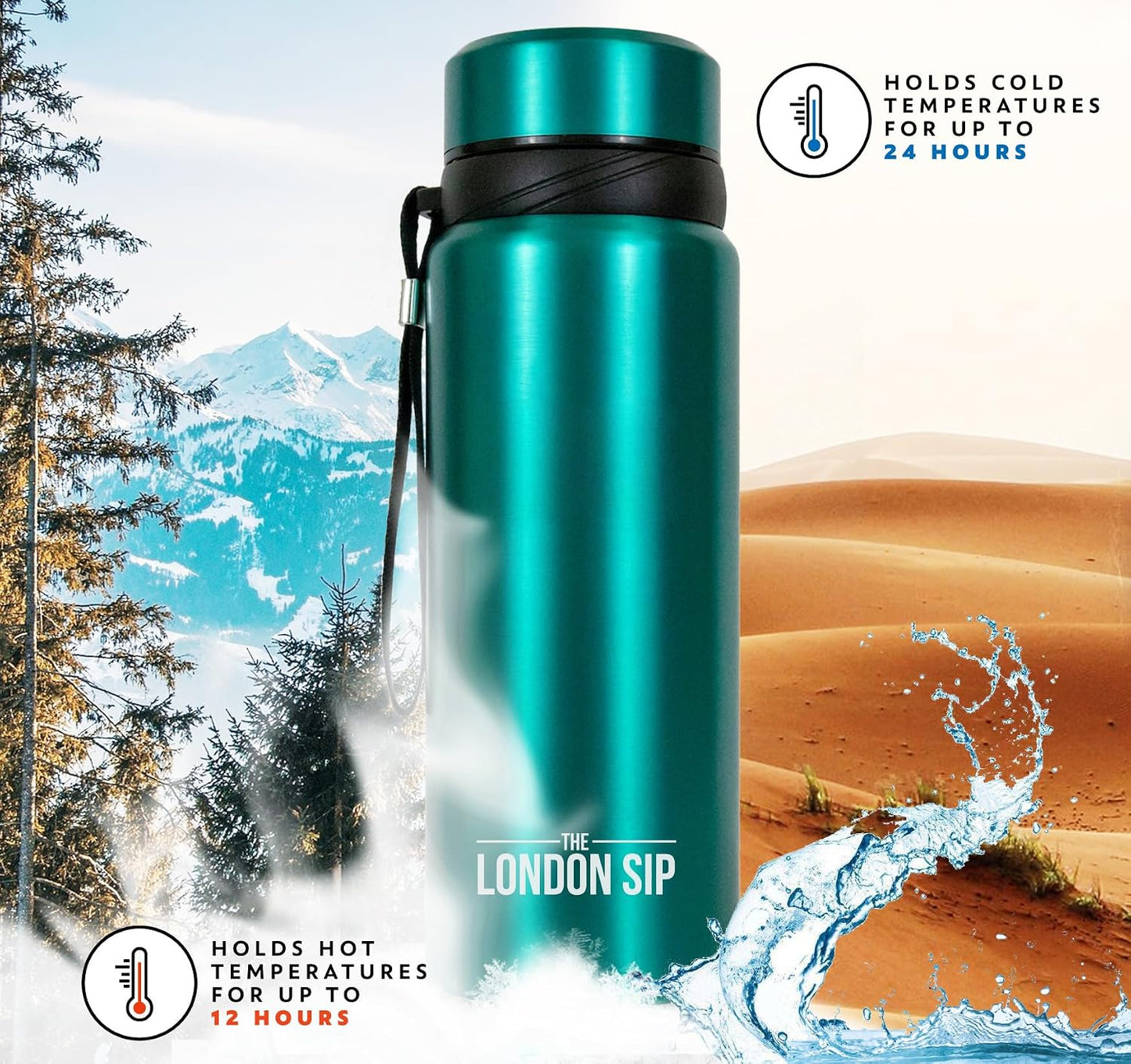 London Sip 25 oz Multi-Function Travel Mug and Tumbler Tea Infuser Water Bottle Fruit Infuser Flask Hot and Cold Double Wall Stainless Steel Coffee Thermos, Zen Black