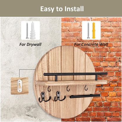 Nekon Key Holder Wall Mount, 11.8” Wood Mail Organizer for Wall, Brown | Round Wall Shelf with 6 Key Hooks, Rustic Key and Mail Holder, Key Hanger for Entryway Hallway Kitchen