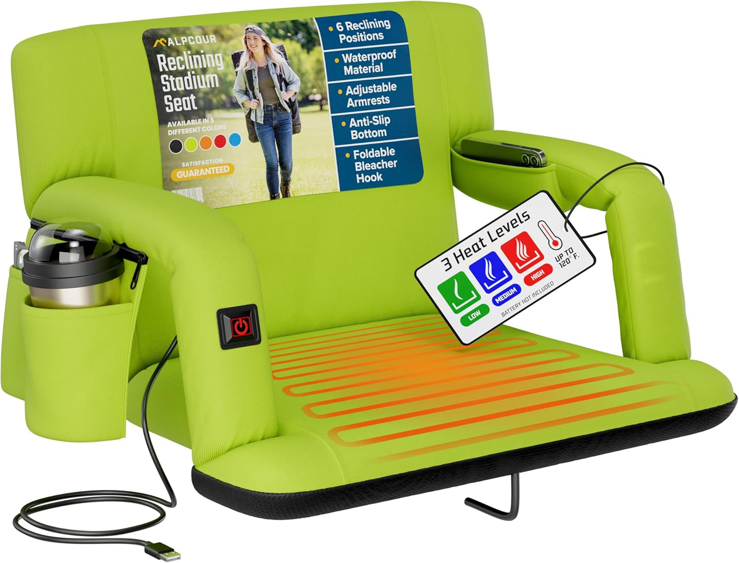 Heated Reclining Stadium Seat for Bleachers – Wide Bleacher Chair with Back Support and Cushion, Armrests, Side Pockets, & Hook – Stadium Seats Chairs for Camping, Kayak, Paddle Board & More