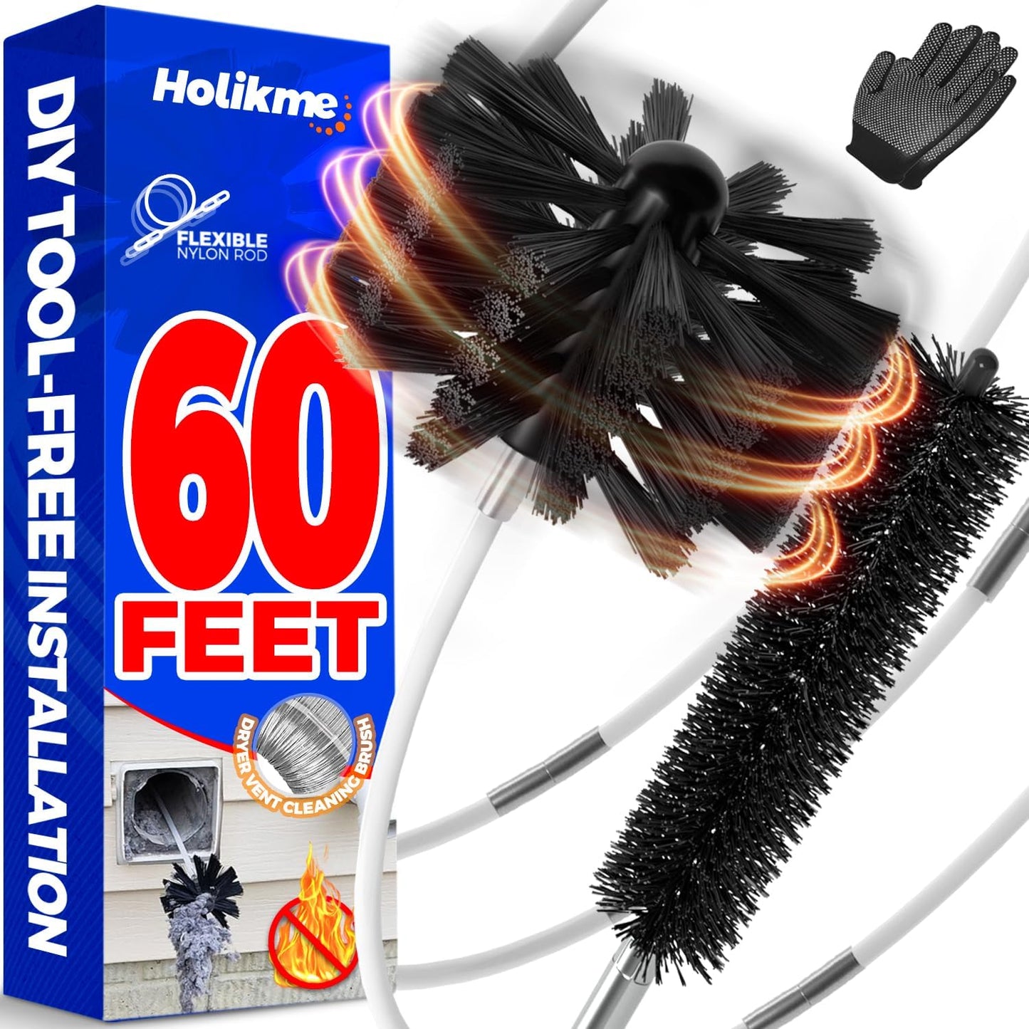 Holikme 60Ft Dryer Vent Cleaner Kit - Flexible Lint Brush for Deep Cleaning | Flexible Nylon Rods, Synthetic Brush Head, Drill Attachment, Deep Clean, Lint Removal, Easy DIY Assembly, Home Essential