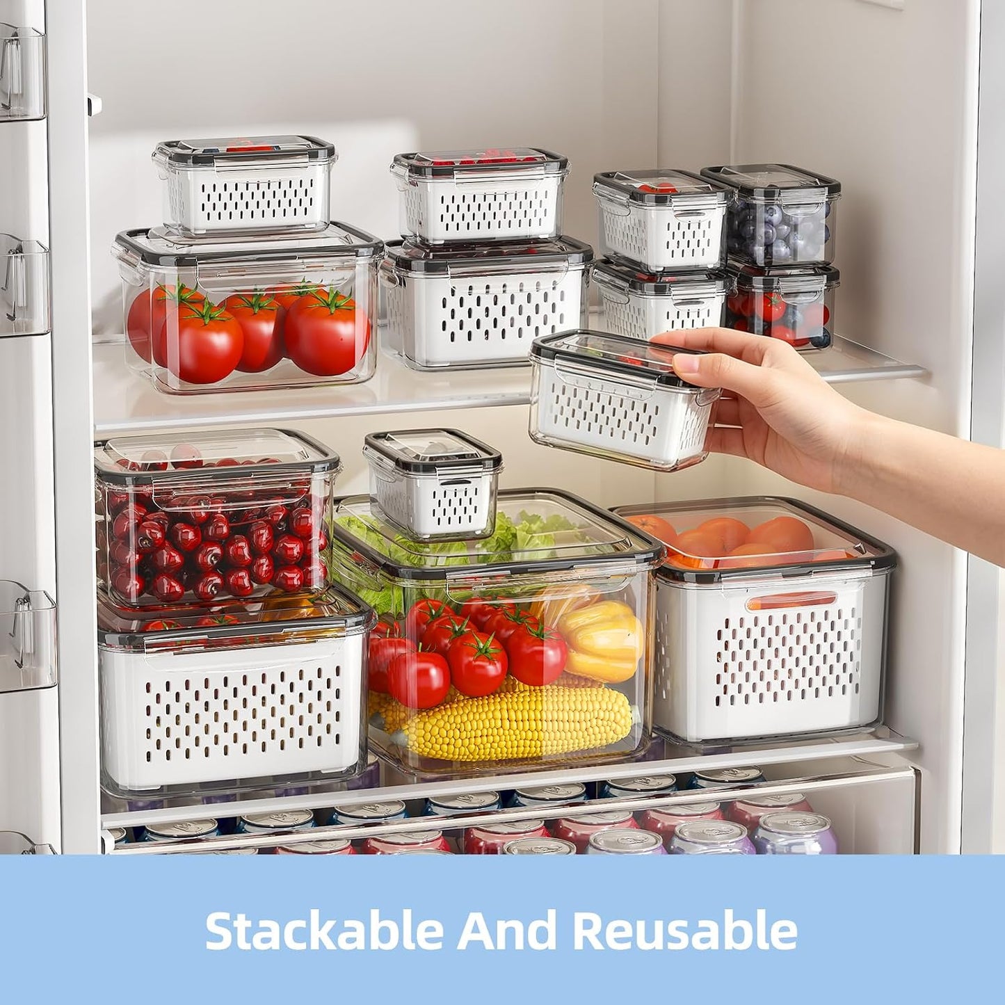 Fruit Storage Container for Fridge with Removable Colander, 6 Pack | Leakproof Produce Containers for Fridge, Airtight Food Storage Container, Keep Fruit, Veggies, Berry, Salad Fresh Longer