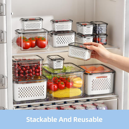 Fruit Storage Container for Fridge with Removable Colander, 6 Pack | Leakproof Produce Containers for Fridge, Airtight Food Storage Container, Keep Fruit, Veggies, Berry, Salad Fresh Longer