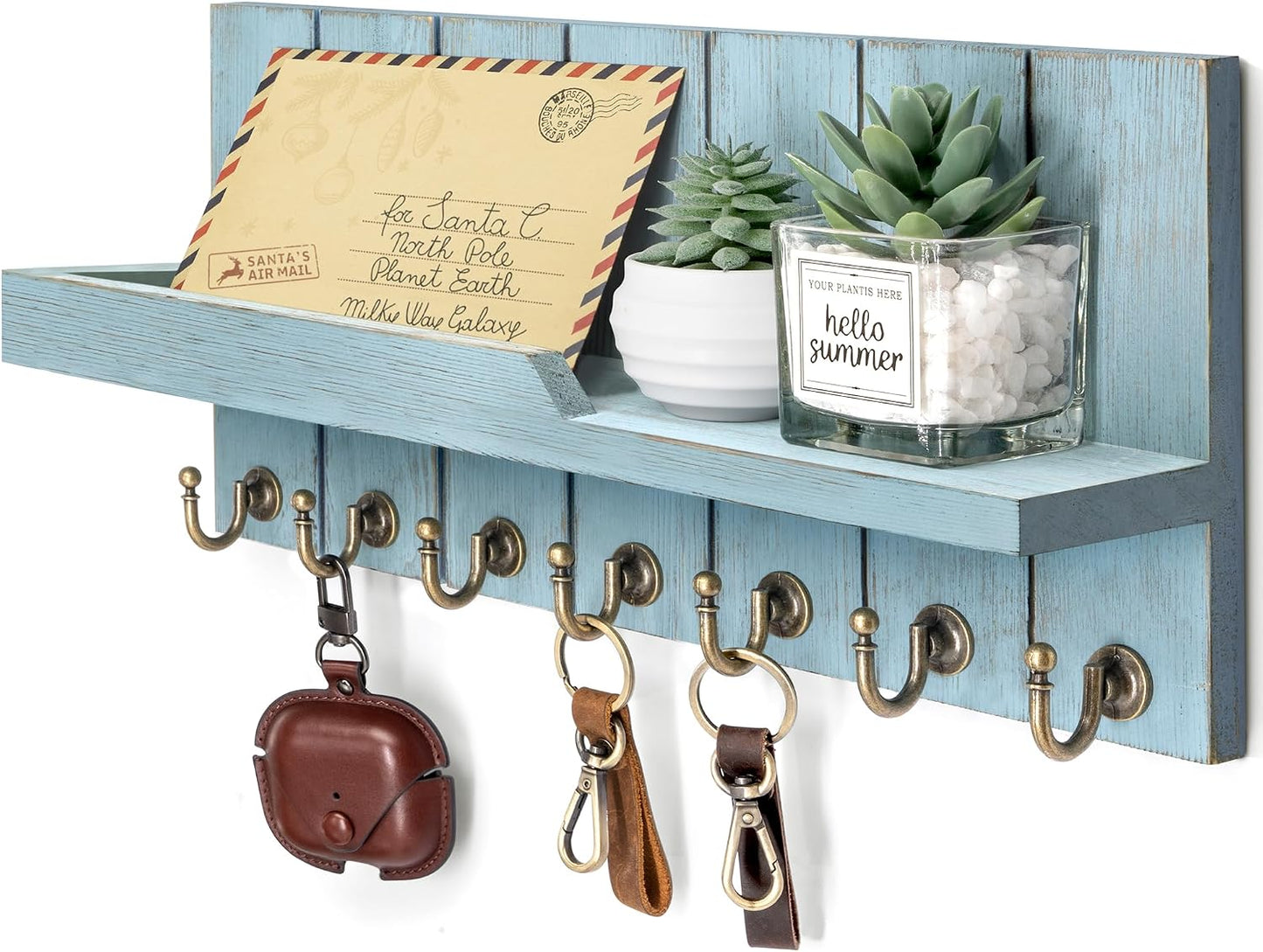 Rebee Vision Key Holder Wall Mount with 5 Key Hooks for Home Decor, Brown | 3.54'' x 10'' x 7.28'', Small Shelf for Display Plant, Key Hangers for Hat, Entryway Space-Saving Storage