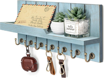 Rebee Vision Key Holder Wall Mount with 5 Key Hooks for Home Decor, Brown | 3.54'' x 10'' x 7.28'', Small Shelf for Display Plant, Key Hangers for Hat, Entryway Space-Saving Storage