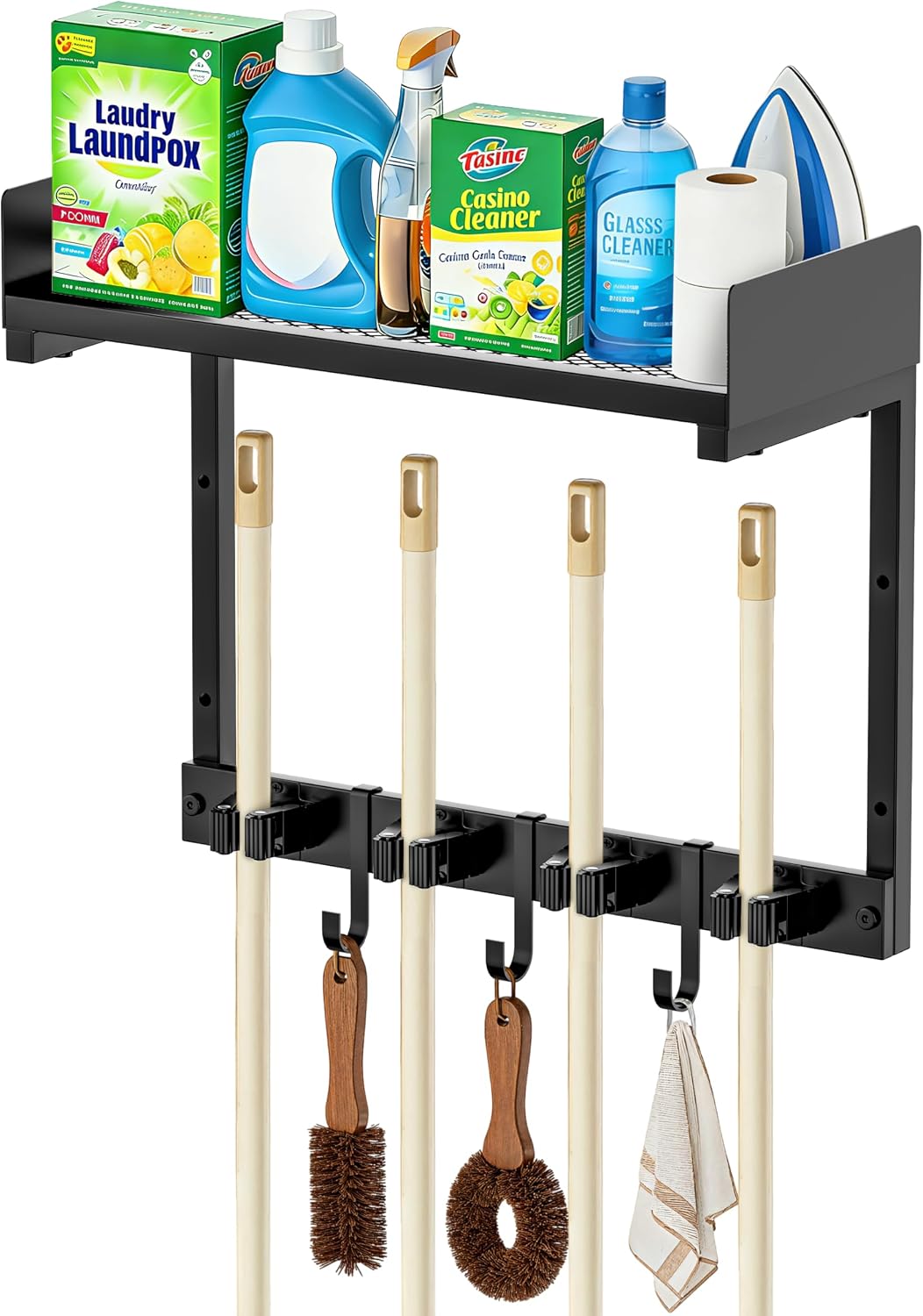 27" Mop and Broom Holder Wall Mount with Top Storage Shelf & Hooks,Black | Mop Hanger Wall Mount, 5 Grippers, 5 Hooks, Wall Organizer For Laundry Room, Garage And Kitchen