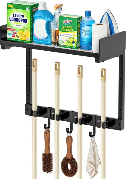 27" Mop and Broom Holder Wall Mount with Top Storage Shelf & Hooks,Black | Mop Hanger Wall Mount, 5 Grippers, 5 Hooks, Wall Organizer For Laundry Room, Garage And Kitchen