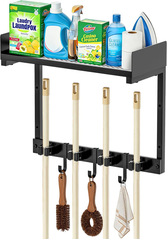 27" Mop and Broom Holder Wall Mount with Top Storage Shelf & Hooks,Black | Mop Hanger Wall Mount, 5 Grippers, 5 Hooks, Wall Organizer For Laundry Room, Garage And Kitchen