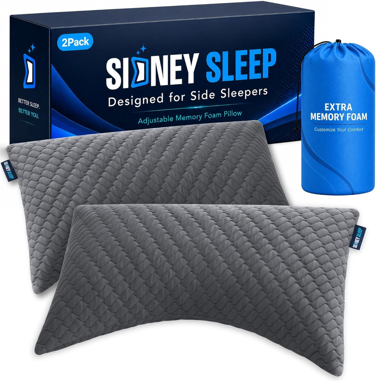 Sidney Sleep Adjustable Curved Pillows for Neck and Shoulder Support with Extra Shredded Fill - Cervical Contour Pillow for Side and Back Sleepers - Queen Size 19" x 29" CertiPUR-US Certified (White)