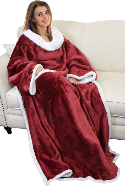Catalonia Sherpa Wearable Blanket with Sleeves and Pocket for Adults