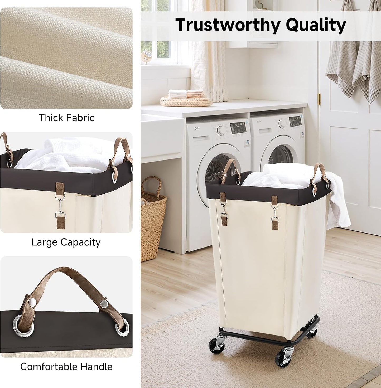 StorageWorks 160L Laundry Basket with Wheels, Rolling Hampers for Clothing | Beige Laundry Basket with Wheels, Metal Frame & Handles, Rolling Hamper for Bedroom, Bathroom, Dorm, Hotel