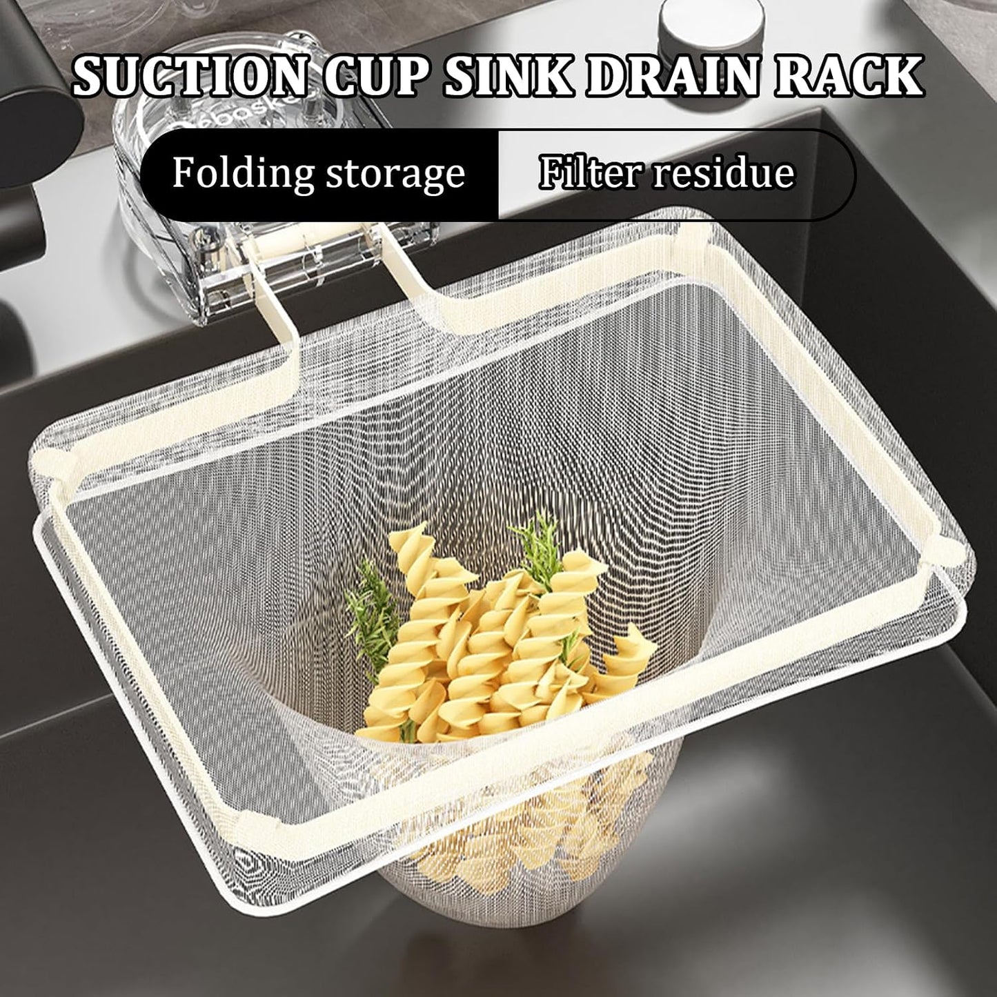 Kitchen Sink Strainer with Filter Mesh Bag, Food Waste Filter Basket, Suction Cup Folding Washing Vegetables and Fruits Drying Bag Holder