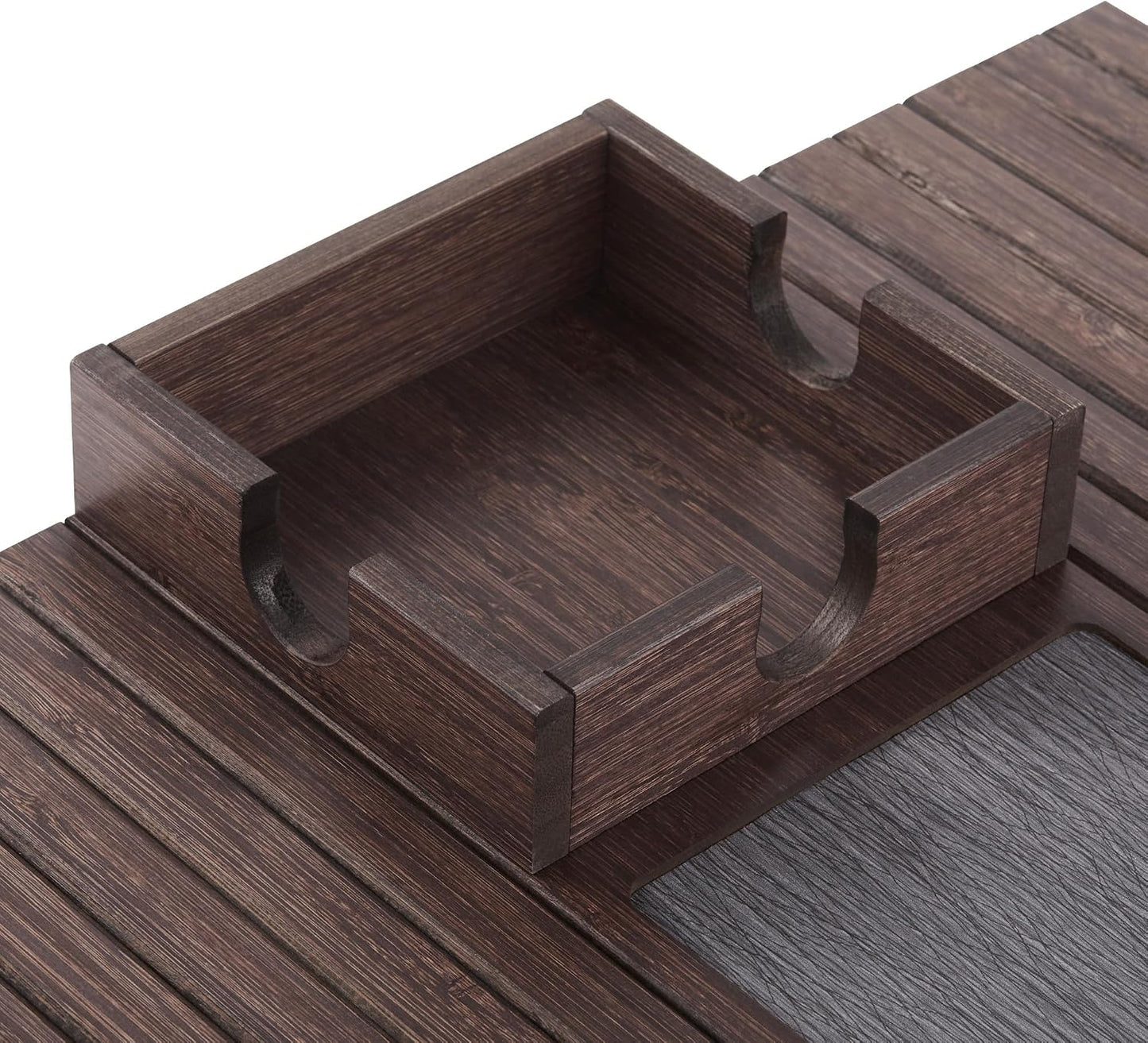 Detor Couch Cup Holder Tray with Super Anti-Slip Pad, Large 4.5" x 4.5" Organizer, Brown-Stained Bamboo Finish, Enhanced Non-Slip Felt Base, Durable Bamboo Slats, Fits Armrests 5.5" and Wider