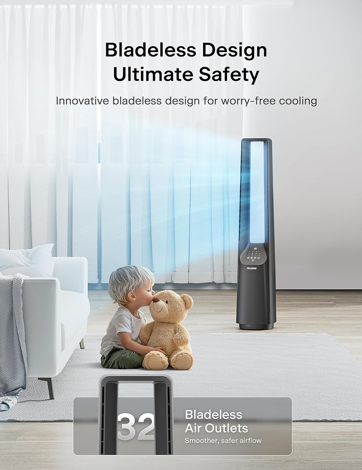 PELONIS 40" 90° Oscillation Bladeless Fan for Bedroom with Remote, White | Bladeless Cooling Tower Fan with 6 Speeds, 4 Modes, 26 ft/s, Brushless DC Motor, Quiet 22dB, 7-Hr Timer for Home, Office Use