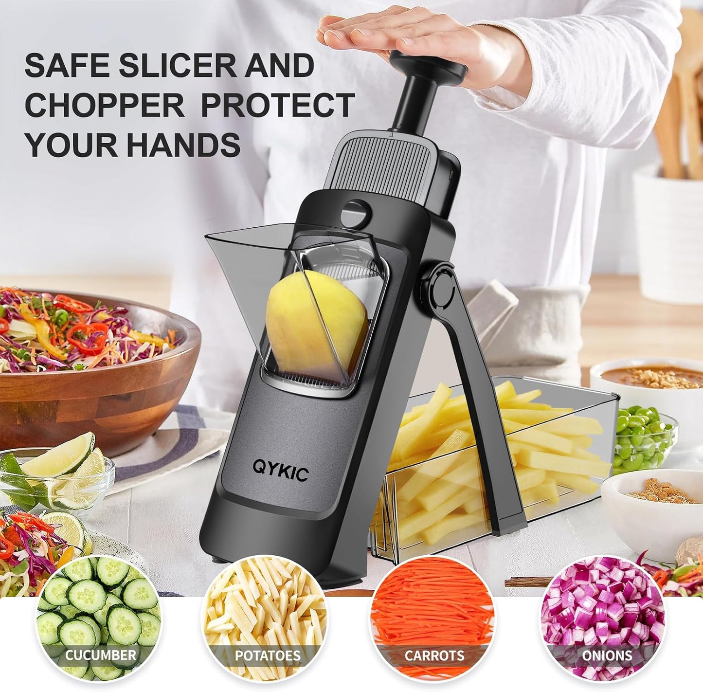 QYKIC Safe Mandoline Slicer for Kitchen, Adjustable Potato Slicer Pro | 0.1-8mm Vegetable Chopper Fry Cutter Julienne Dicer Large Chute Stainless Steel Blades Detachable Dishwasher Safe Gifts