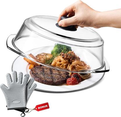 Glass Microwave Splatter Cover for Food Plates & Cookware with Oven Mitts, Borosilicate Glass Splatter Lid Guard with Vent Hole & Easy Grip Silicone Handle, 100% BPA Free & Dishwasher Safe