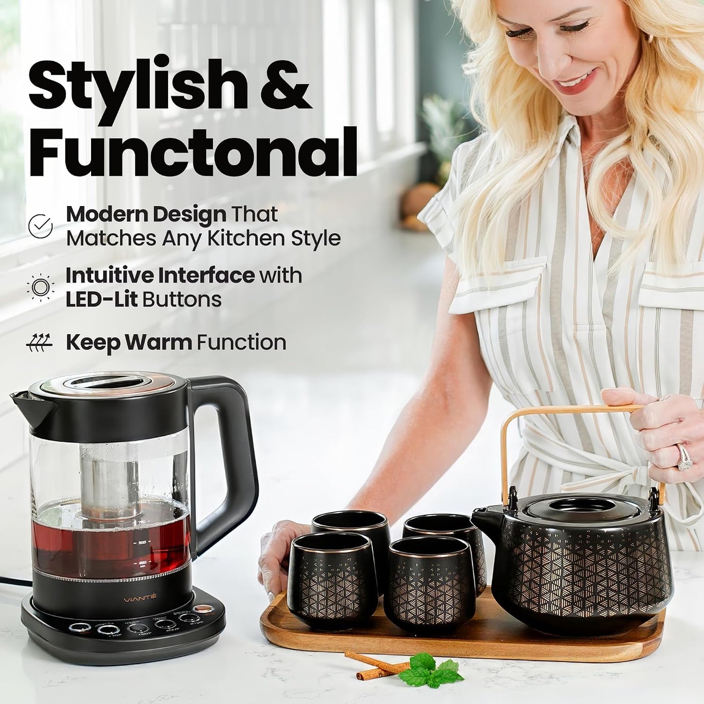 Viante Alba Electric Tea Kettle With Infuser, No Plastic, 1.5L | Borosilicate glass & 304 stainless steel construction. 4 temp presets, keep-warm, cordless, auto shut-off