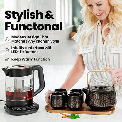Viante Alba Electric Tea Kettle With Infuser, No Plastic, 1.5L | Borosilicate glass & 304 stainless steel construction. 4 temp presets, keep-warm, cordless, auto shut-off