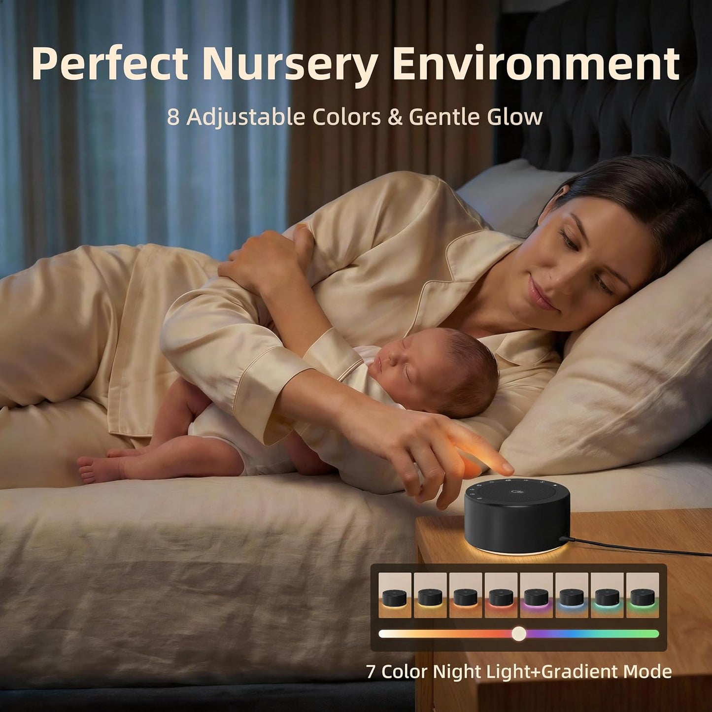 Kipcush White Noise Machine for Baby & Adults, 30 Soothing Sounds, Sleep Sound Machine with 8 Color Night Light, Memory Function, White Noise for Sleeping, Nursery, Office, Travel & Relaxation