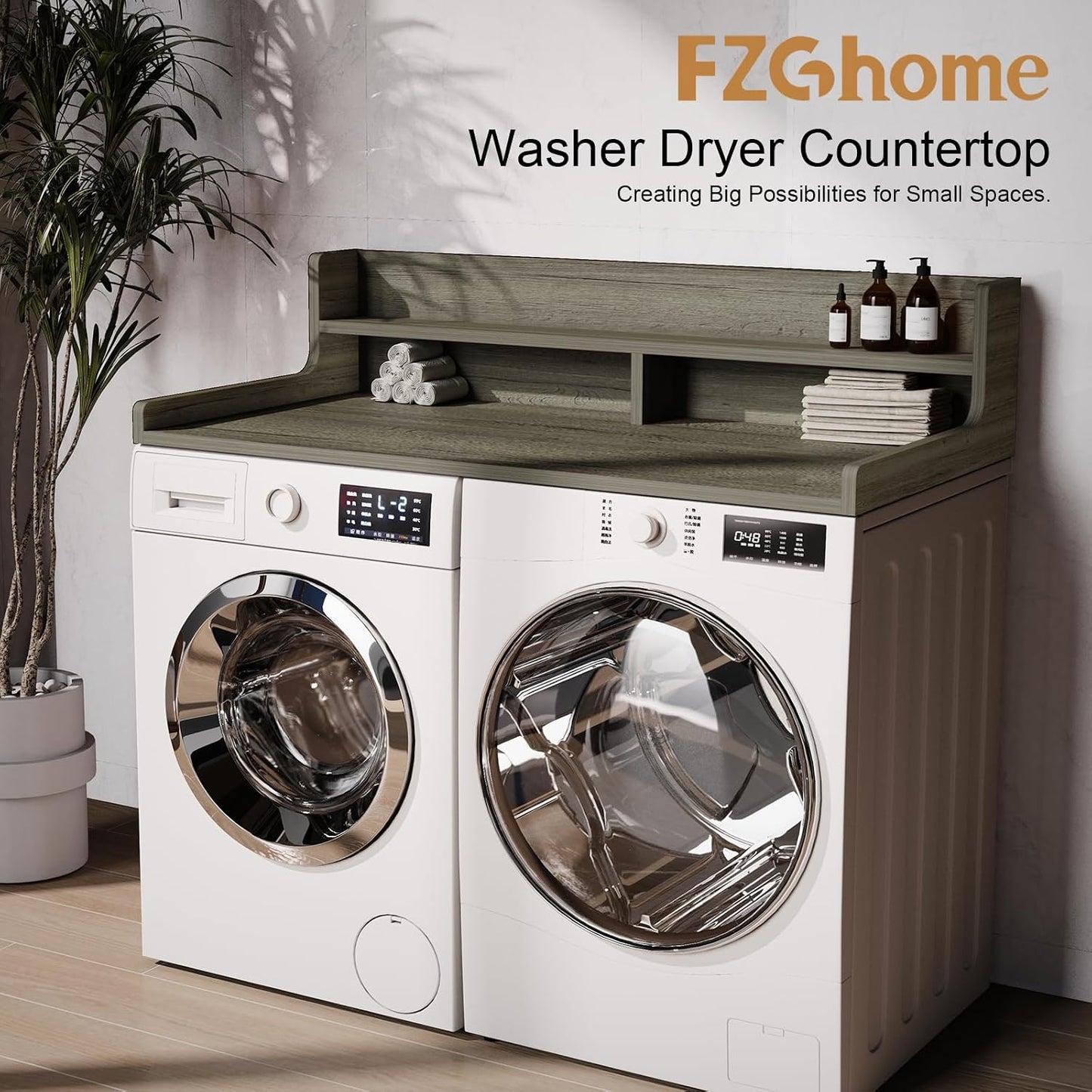 Washer Dryer Countertop, 54" x 27.55" 2-Tier Washer Dryer Topper with Edge, for Laundry Room Organization Oak