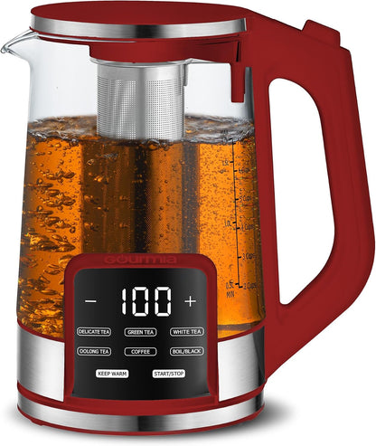 Gourmia Electric Glass Kettle – 1.7L Programmable Tea & Coffee Brewer with Digital Touch Display, 6 Presets, Removable Stainless Steel Infuser, Cordless with 360° Swivel Base, Black