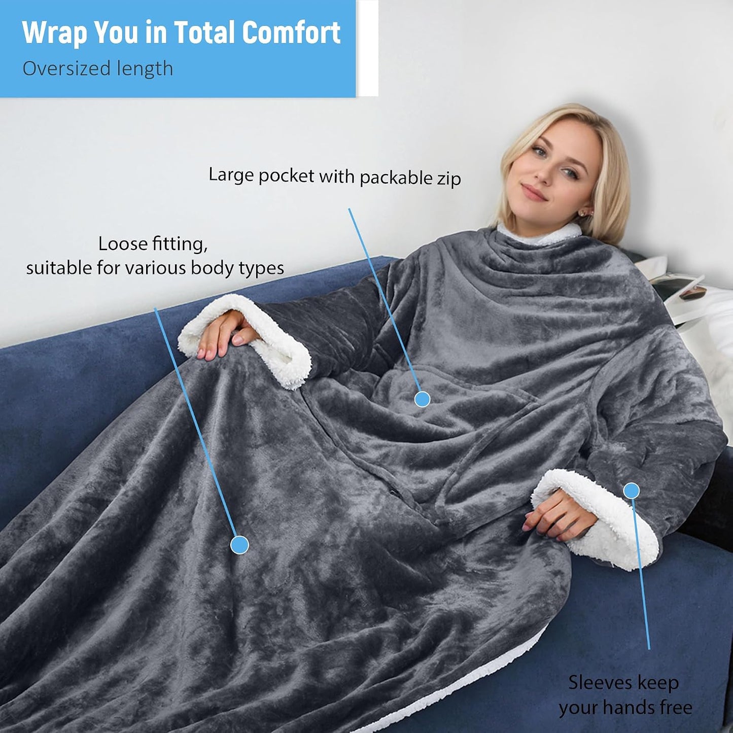 Catalonia Sherpa Wearable Blanket with Sleeves Arms
