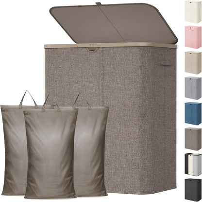 Lifewit 185L 3 Section Laundry Hamper with Lid, Laundry Basket, Beige | Large Foldable Laundry Sorter with 3 Removable Bags, Tall Clothes Hamper for Bedroom and Bathroom