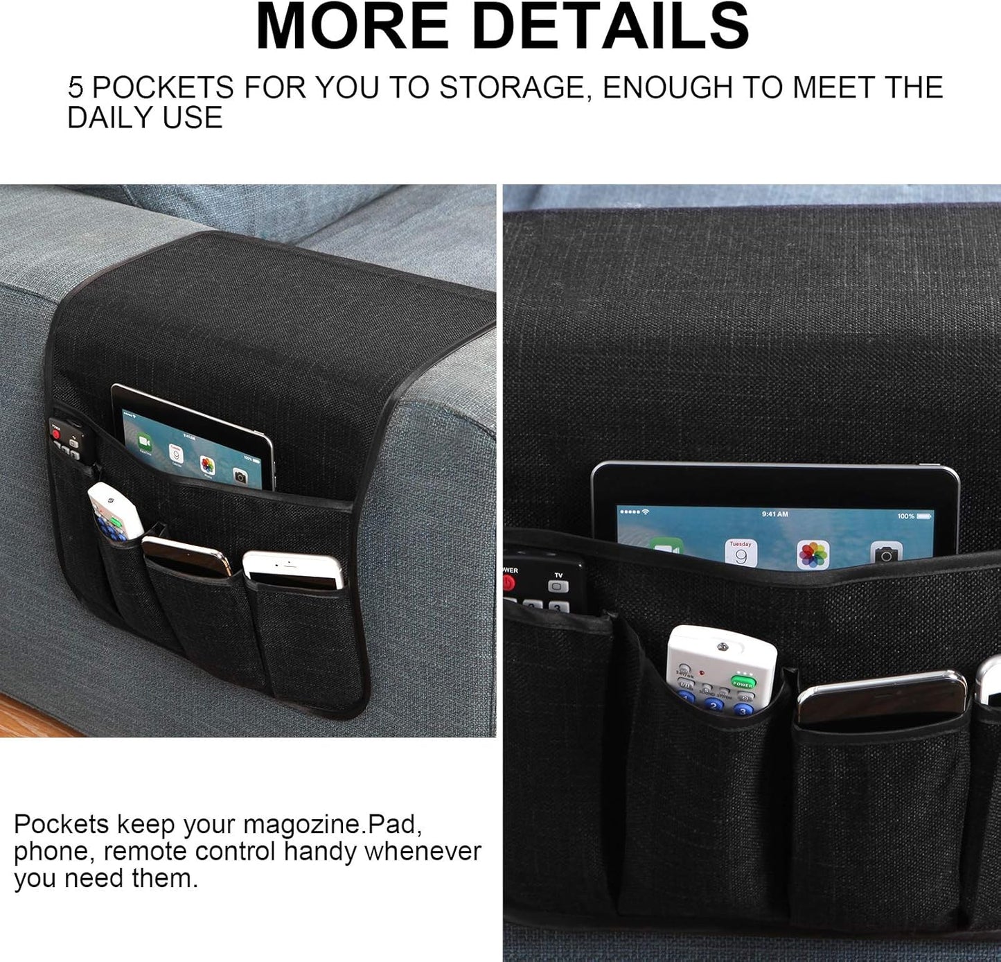 Sofa Armrest Organizer Non-Slip Remote Control Holders for Recliner Couch Chair Armchair Caddy with 5 Pockets for Table,Cell Phone,Ipad,Magazines,Books (Black, 13 x 35 Inch)