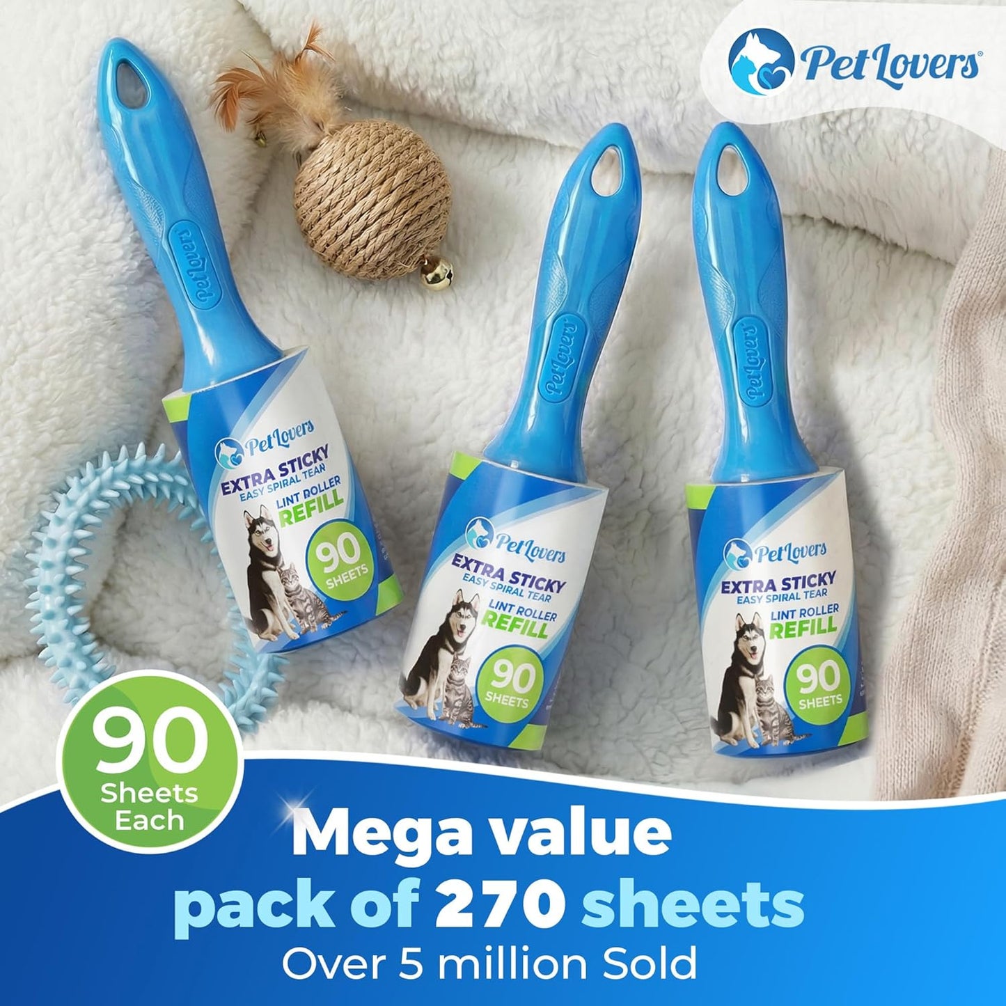 PetLovers Extra Sticky Lint Roller Mega Value Set 450 Sheets for Pet Hair Removal and Clothes, Dog and Cat Lint Remover 5 Pack