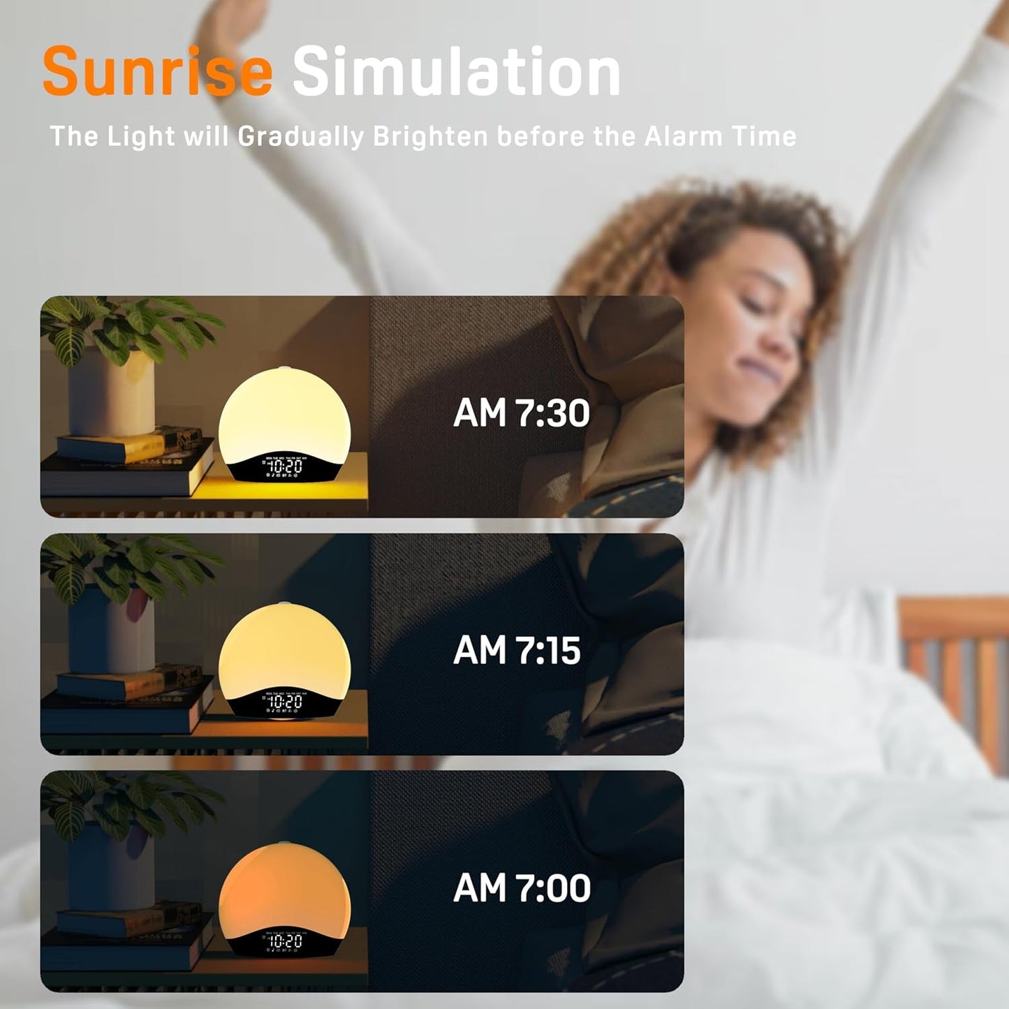 JALL Full Screen Dimmer Sunrise Alarm Clocks for Bedrooms, Wake Up Light with FM Radio, 25 White Noise Sleep Sounds, Bluetooth Speaker, Dual Alarms Bedside Clock for Heavy Sleepers