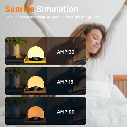 JALL Full Screen Dimmer Sunrise Alarm Clocks for Bedrooms, Wake Up Light with FM Radio, 25 White Noise Sleep Sounds, Bluetooth Speaker, Dual Alarms Bedside Clock for Heavy Sleepers