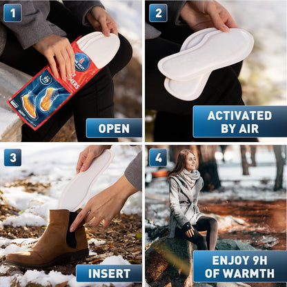 THE HEAT COMPANY Insole Foot Warmers - 6, 12 or 32 Pairs – S, M, L, XL – 9h of Warmth - Air Activated Feet Warmers - Purely Natural - Toe Warmers for Feet - Insole Foot Warmers for Women & Men