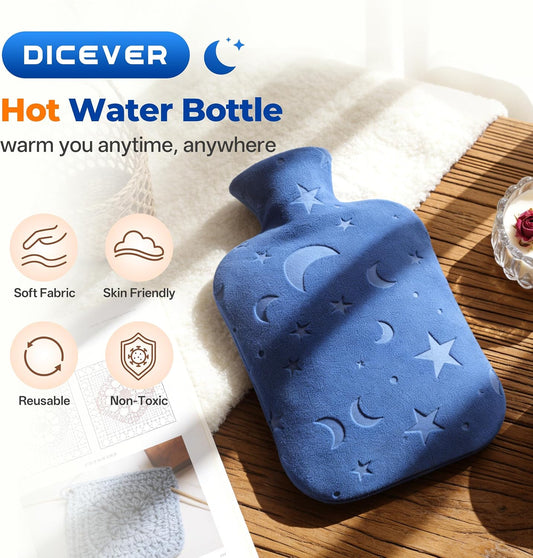 Hot Water Bottle with Soft Cover, 2L Hot Water Bag for Menstrual Cramps, Neck and Shoulder Pain Relief, Hot and Cold Therapies, Hand Feet Warmer, Blue
