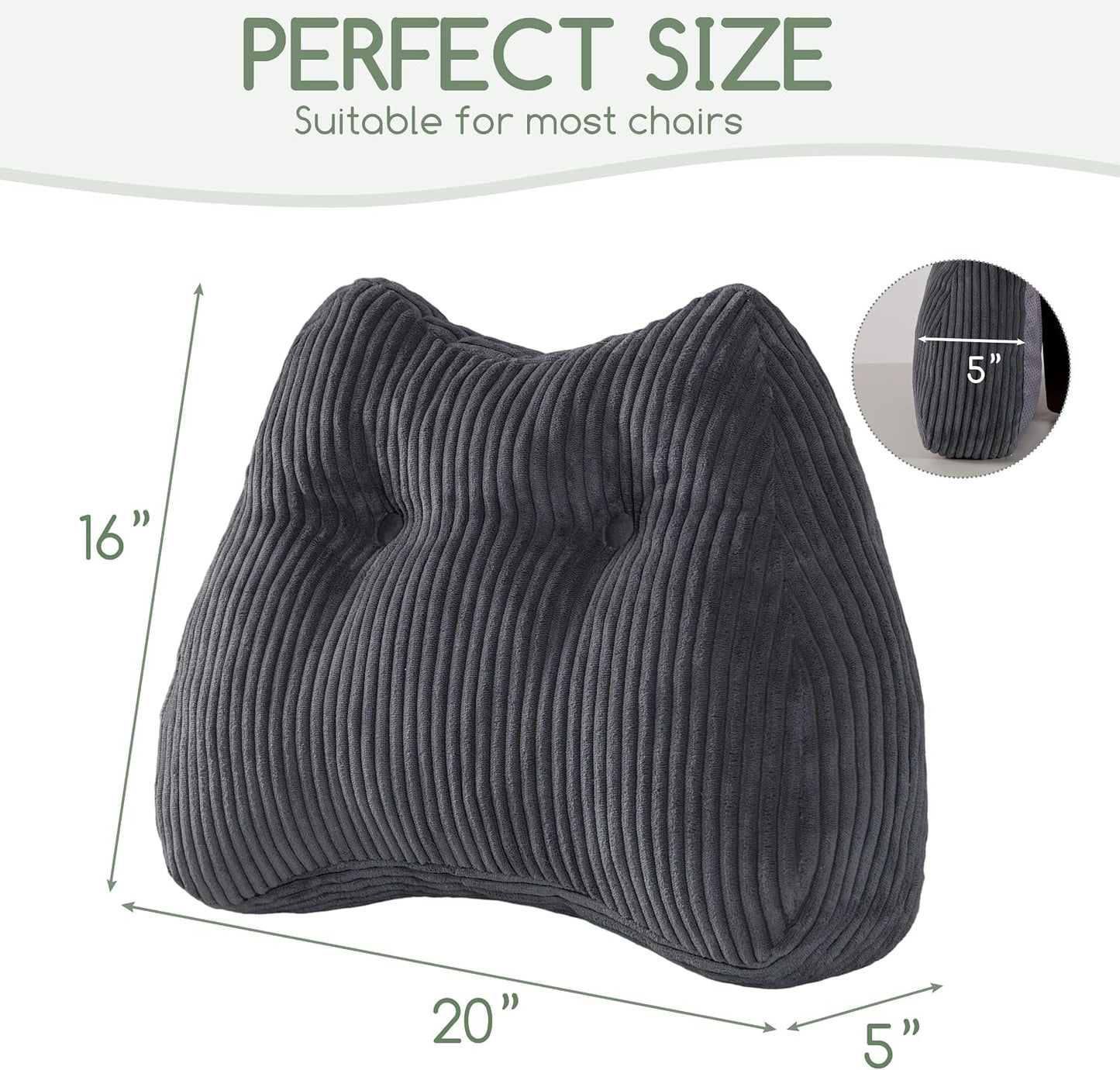 Lumbar Support Pillow for Recliner Chair/Accent Chair/Couch/Office Chair, Tufted Corduroy Back Support Cushion for Elderly, M-Shaped Recliner Cushions for Back Rest, Pain Relief, Reading, Dark Grey