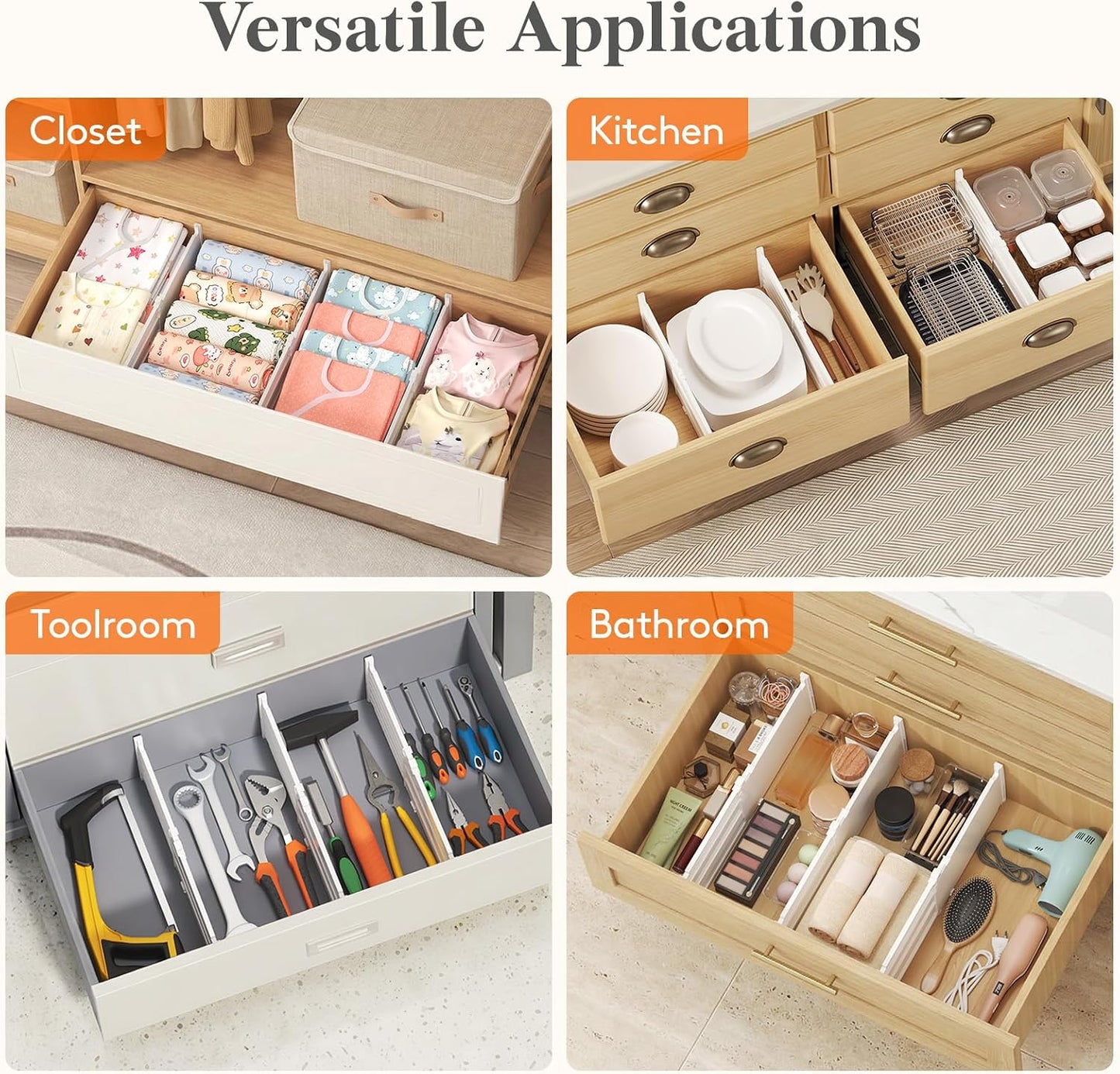 Lifewit 8" Tall Drawer Dividers, Adjustable Deep Drawer Organizer Clothes | 4 Pack 13.8"-22.2" Expandable White Plastic Separators for Dresser, Kitchen, Cabinet, Closet, Office Organization & Storage