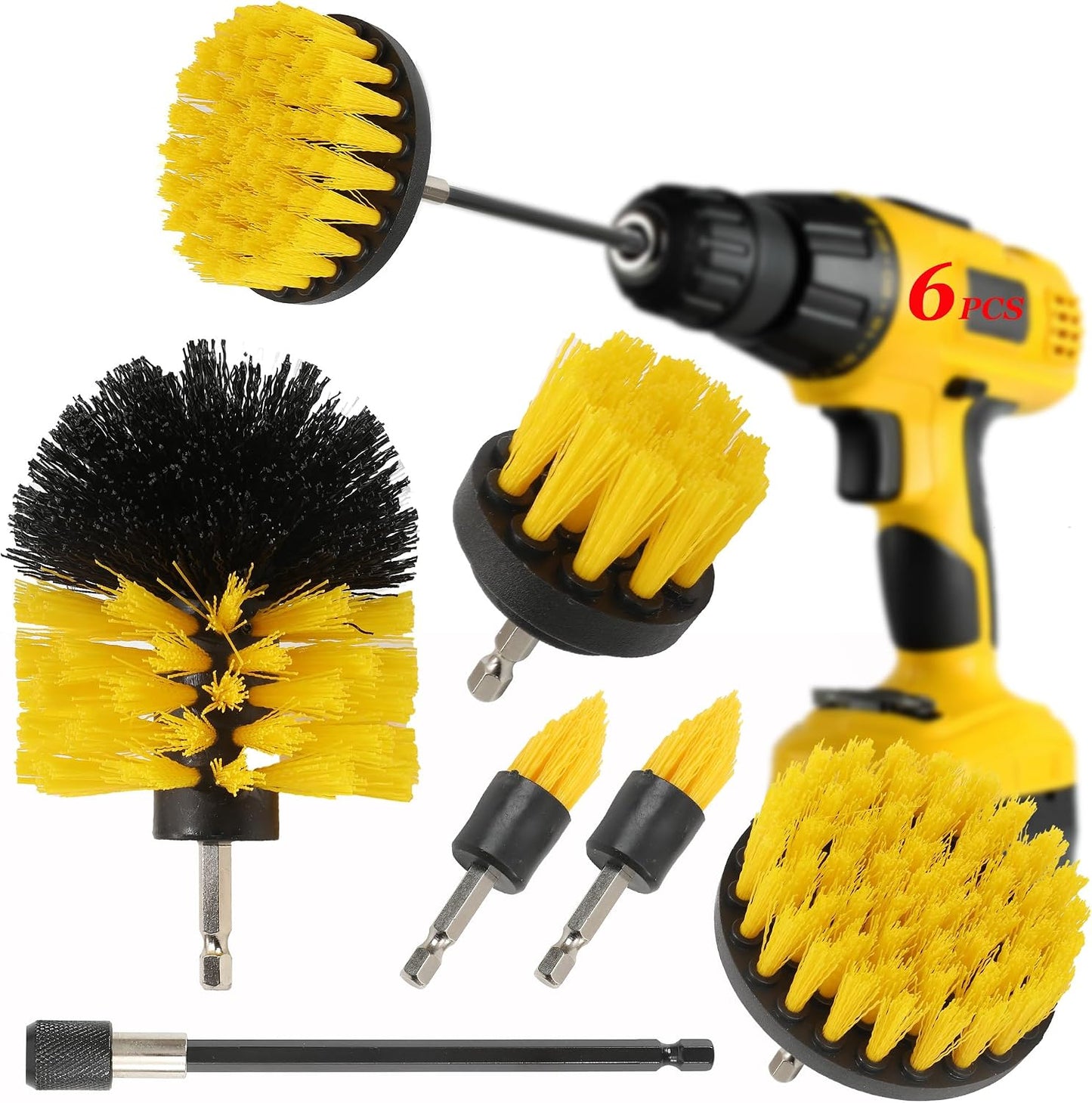 6Pcs Drill Brush Cleaning Kit with Extendable Rod, Yellow | Power Scrubber Attachments, For Shower, Tub, Tile, Grout, For Kitchen and Car