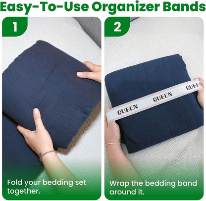 ECOHomes Bed Sheet Organizer Label Bands (King 4PCs Pack, Cream) | Storage Size Label Bands, Bed Sheets Set Organizers, Linen Closet Organization, Elastic Bedding Band, for Organizing Bedsheet