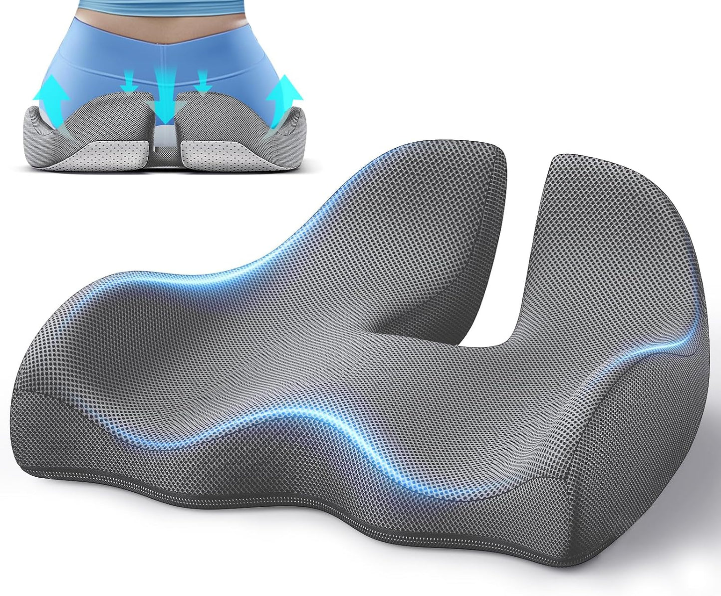 Benazcap Large Ergonomic Seat Cushion Relieves Sciatica & Tailbone Pain | Ergonomic memory foam relieves sitting strain, washable slip-resistant cover, fits office, car, gaming chairs all day